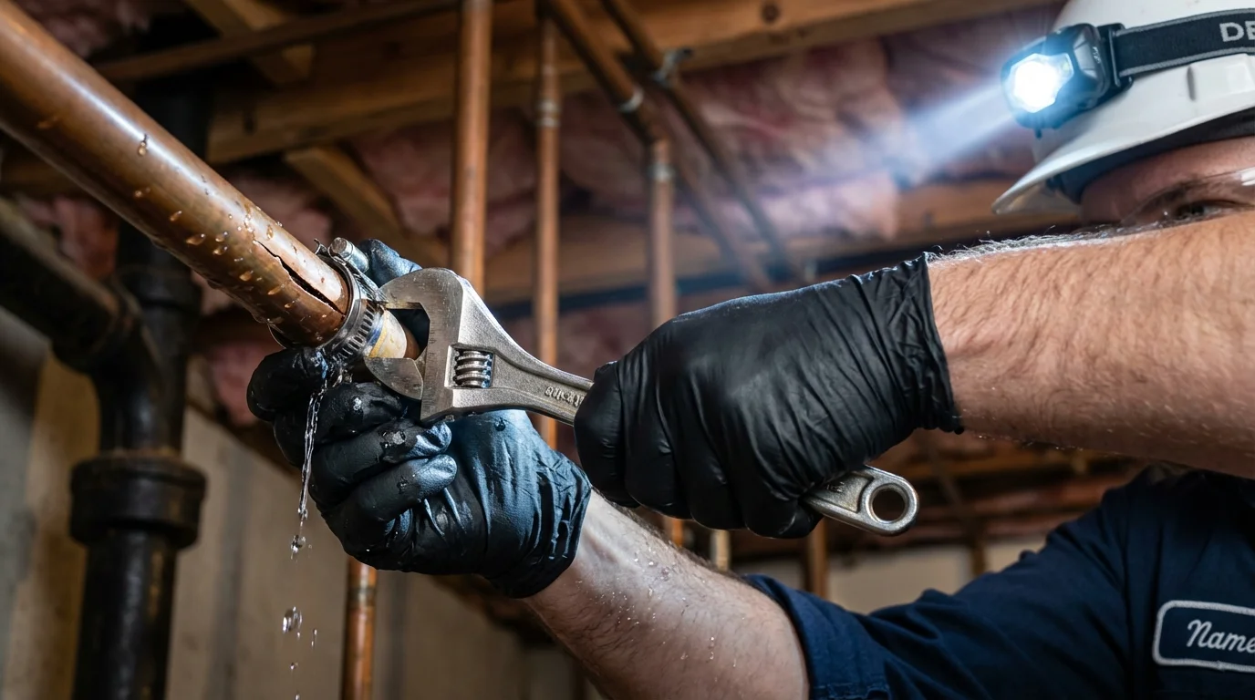 Emergency pipe clamp repair being performed by a Johns Plumbing LLC plumber in Cedar Bluff