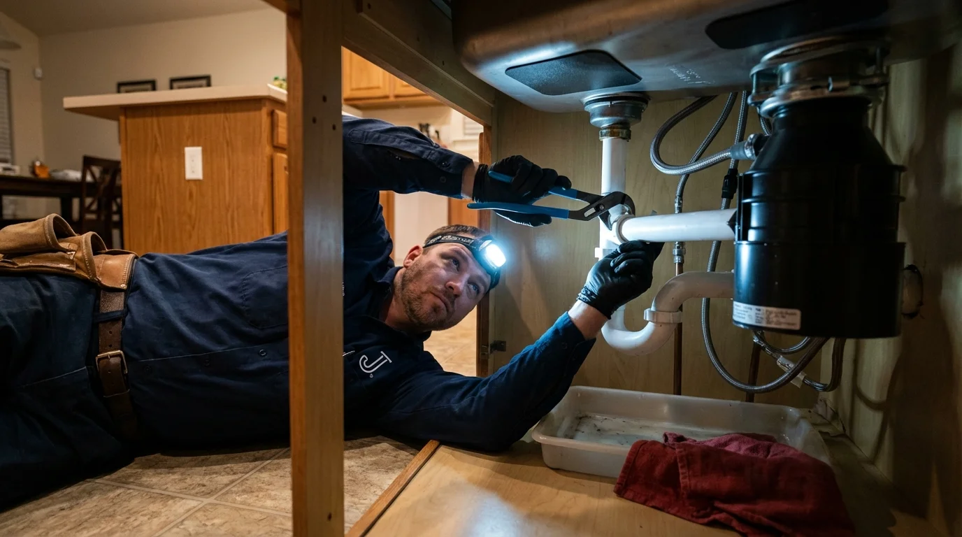 P-trap and supply line connections under a kitchen sink showing a common leak point in Cedar Bluff, AL